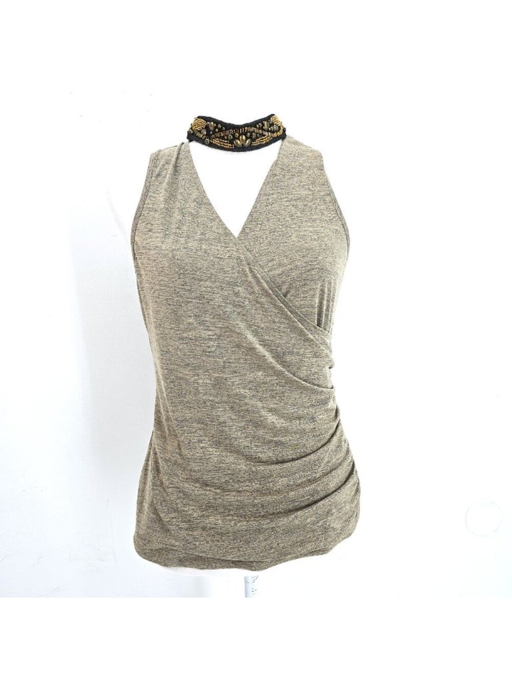 A. Byer Heatherd Green Olive Green Beaded Choker Sleeveless Top Women XL